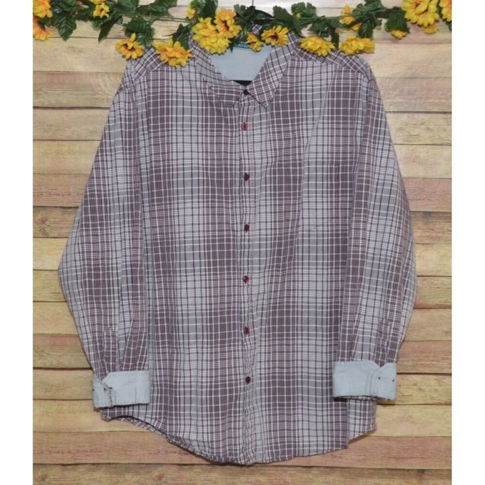 Cubavera Slim Fit Men's XXL Gray Maroon Plaid Long Sleeve Button Front Shirt